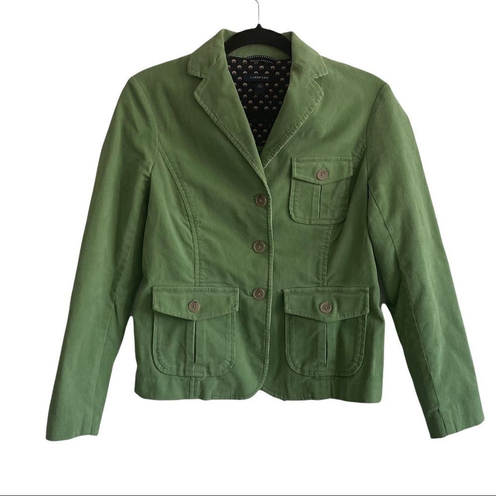 LANDS’ END Green Button Front Corduroy Blazer Jacket With Pockets Green 4P